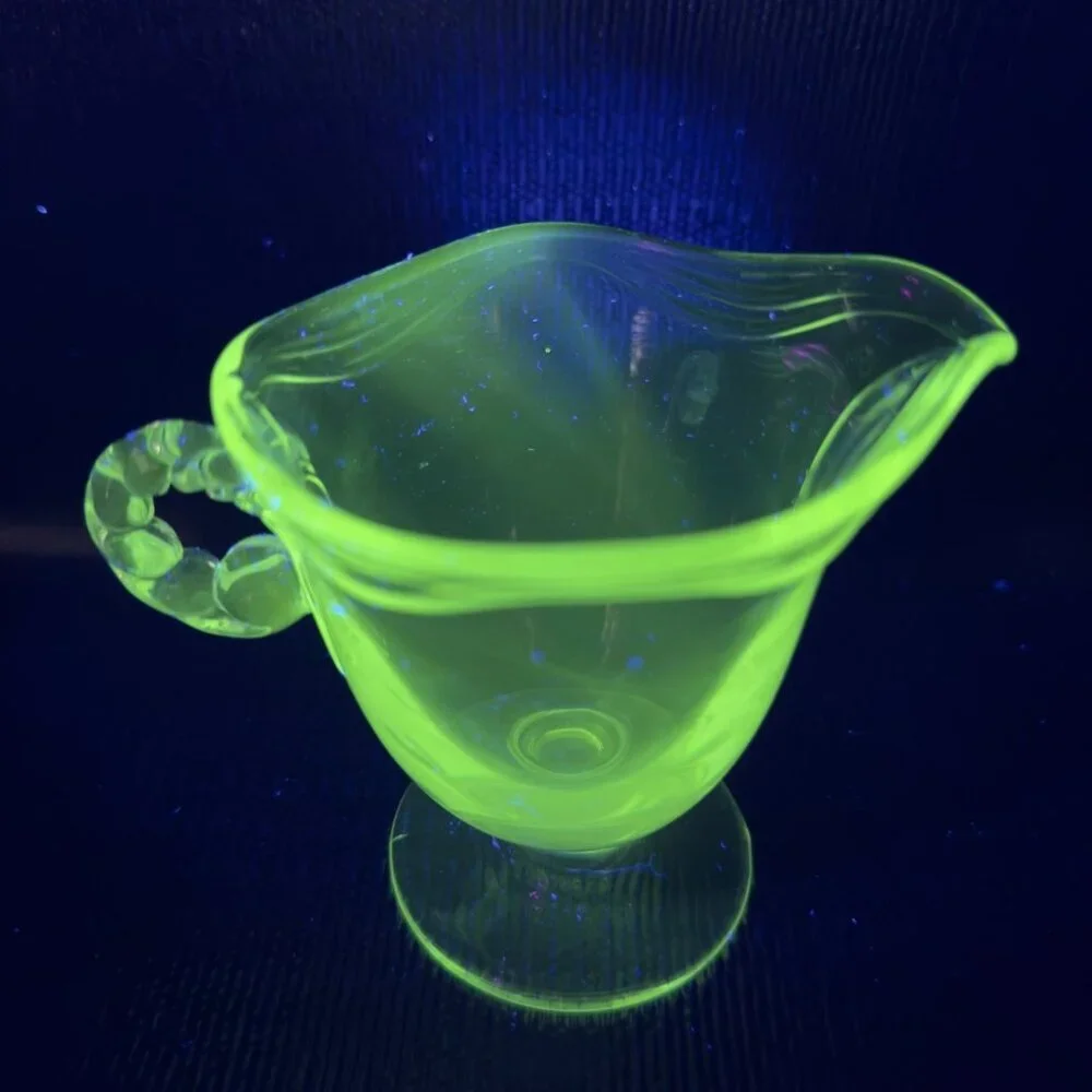 1930s Fostoria Coronet Clear Glass Creamer Small Pitcher Manganese 365nm UV Glow
